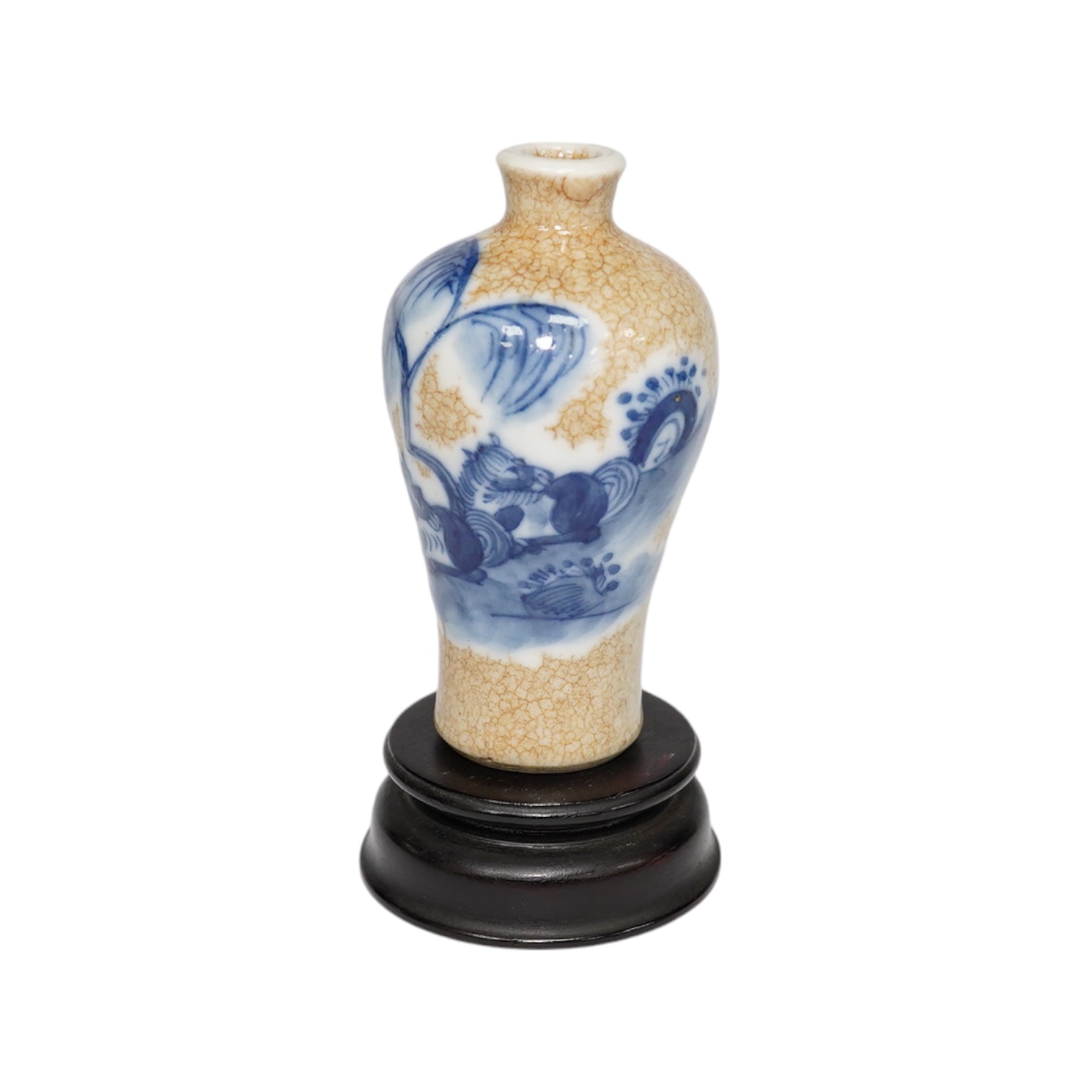 A Chinese blue and white crackle glaze snuff bottle, late 19th century and stand, 8cm high. Condition - good